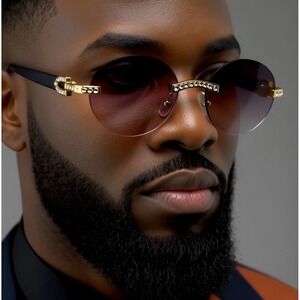 Rimless Sunglasses Round Lens Gold Accent Fashion Shades Men Outfit Gafas Lentes